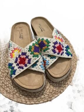 Glaze Colorful Crochet Platform Slide Sandals Sz 9:5-10